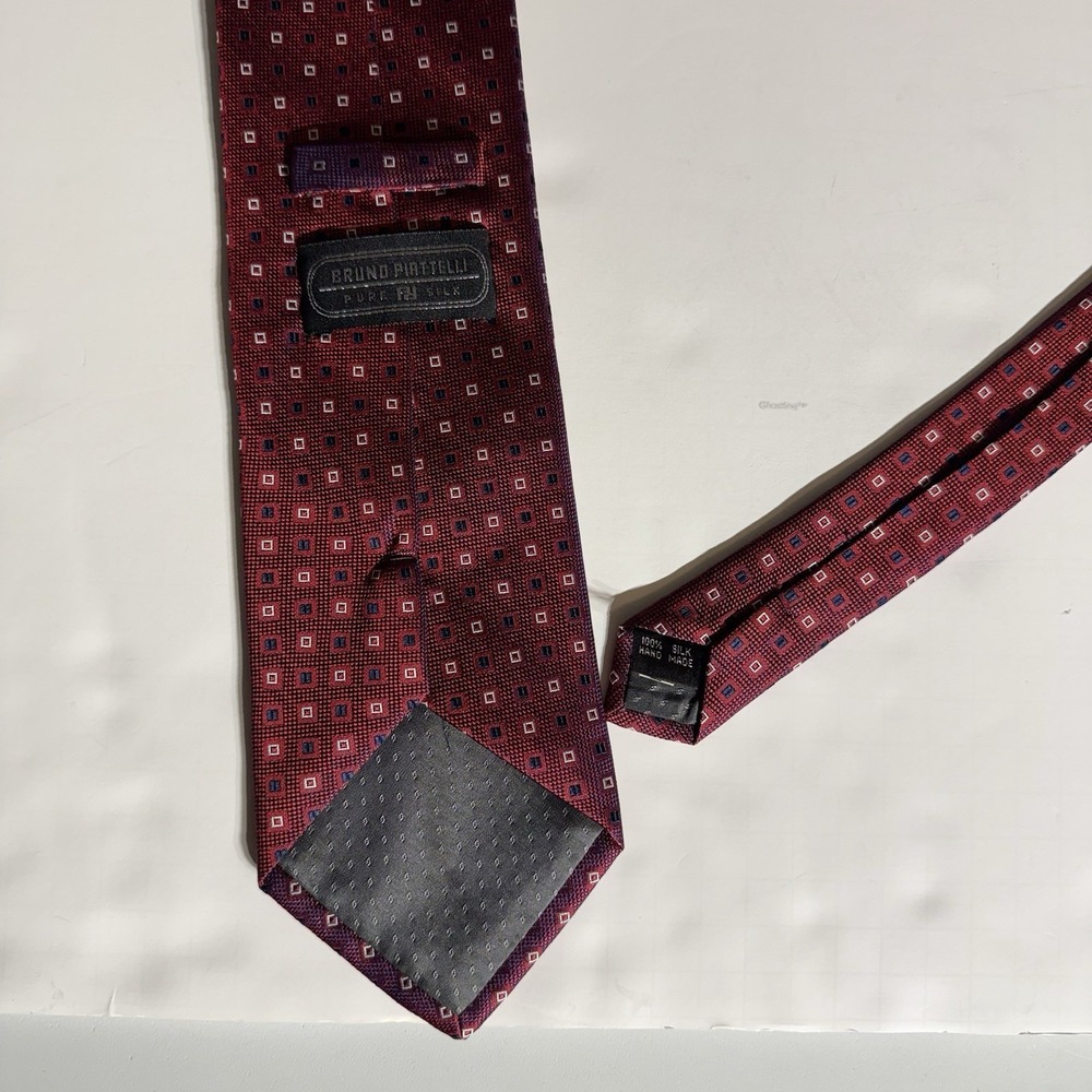 Bruno Piattelli Men's 100% Silk Tie Classic Length‎ Red W/blue& White Squares - Picture 11 of 11